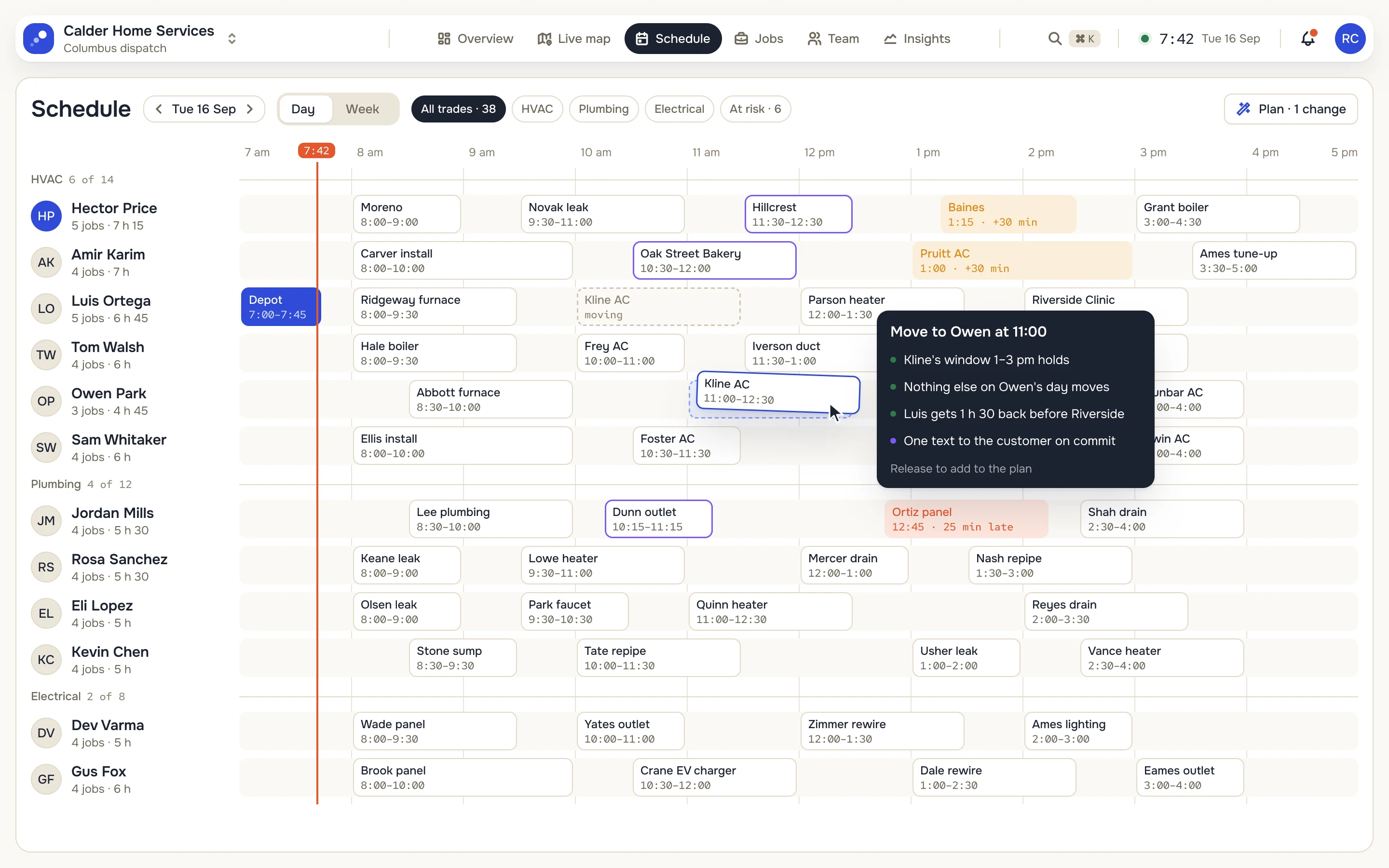 Wake schedule: dragging a job between technician lanes with the knock-on counted in a tooltip